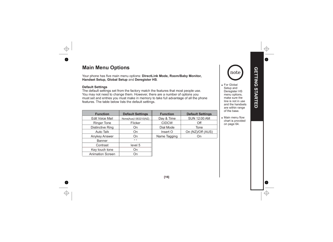 Uniden DSS7815, DSS7815 +1 Series, DSS7815 Series owner manual Main Menu Options, Function Default Settings 