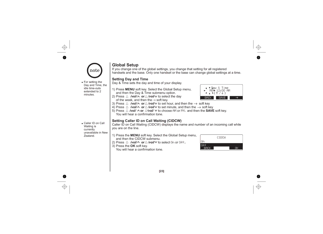 Uniden DSS7815 Series owner manual Global Setup, Setting Day and Time, Setting Caller ID on Call Waiting Cidcw, Vol 