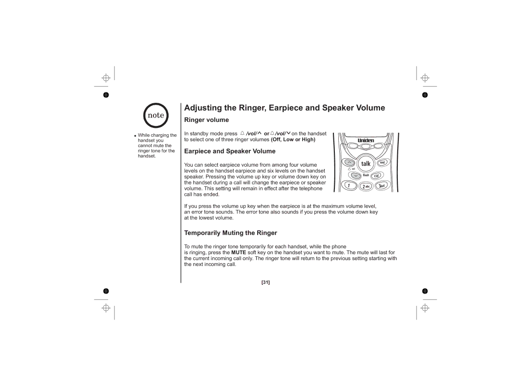 Uniden DSS7815 Series Adjusting the Ringer, Earpiece and Speaker Volume, Ringer volume, Temporarily Muting the Ringer 