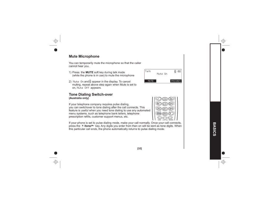 Uniden DSS7815, DSS7815 +1 Series, DSS7815 Series owner manual Mute Microphone, Tone Dialing Switch-over, Australia only 