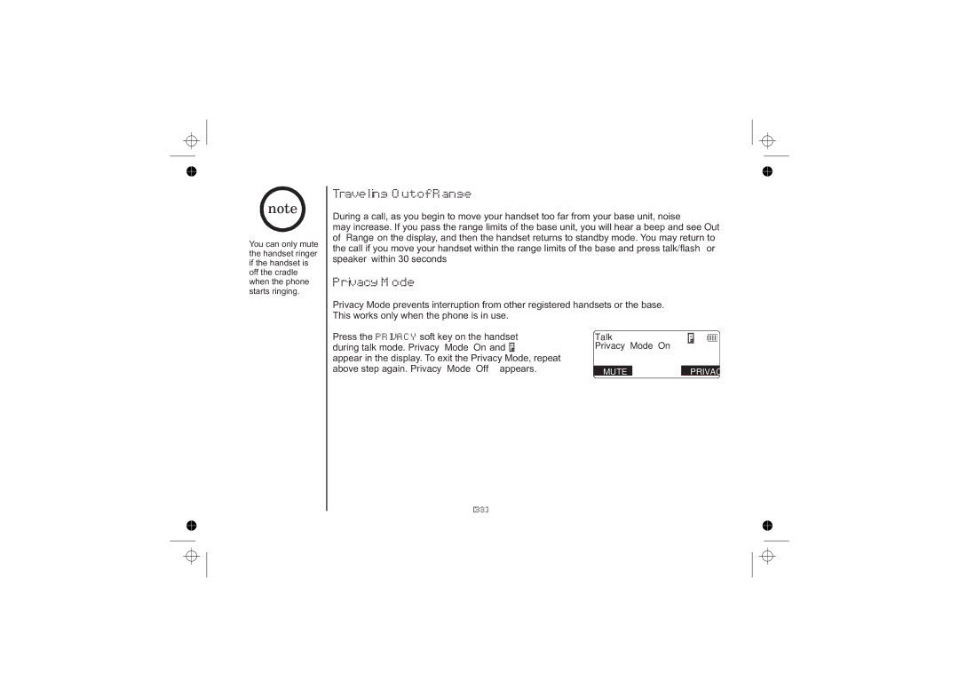 Uniden DSS7815 Series, DSS7815, DSS7815 +1 Series owner manual Traveling Out of Range, Privacy Mode 