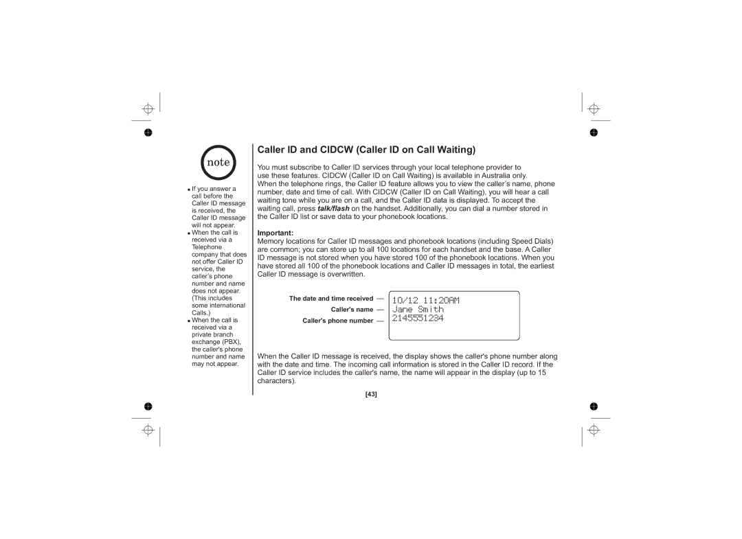 Uniden DSS7815 Series, DSS7815, DSS7815 +1 Series Caller ID and Cidcw Caller ID on Call Waiting, 10/12 1120AM Jane Smith 