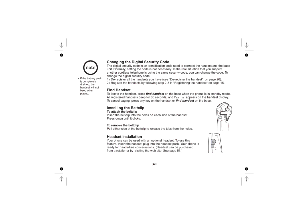 Uniden DSS7815 Series Changing the Digital Security Code, Find Handset, Installing the Beltclip, Headset Installation 