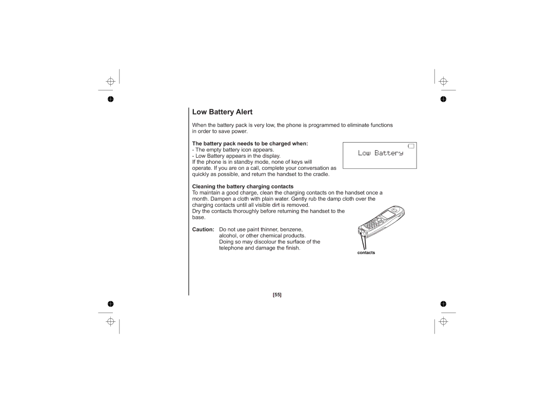 Uniden DSS7815 Series, DSS7815, DSS7815 +1 Series owner manual Low Battery Alert, Cleaning the battery charging contacts 