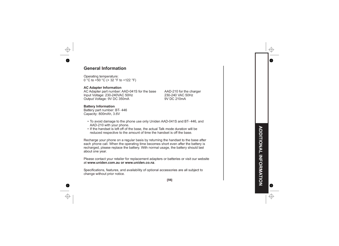 Uniden DSS7815, DSS7815 +1 Series, DSS7815 Series General Information, AC Adapter Information, Battery Information 