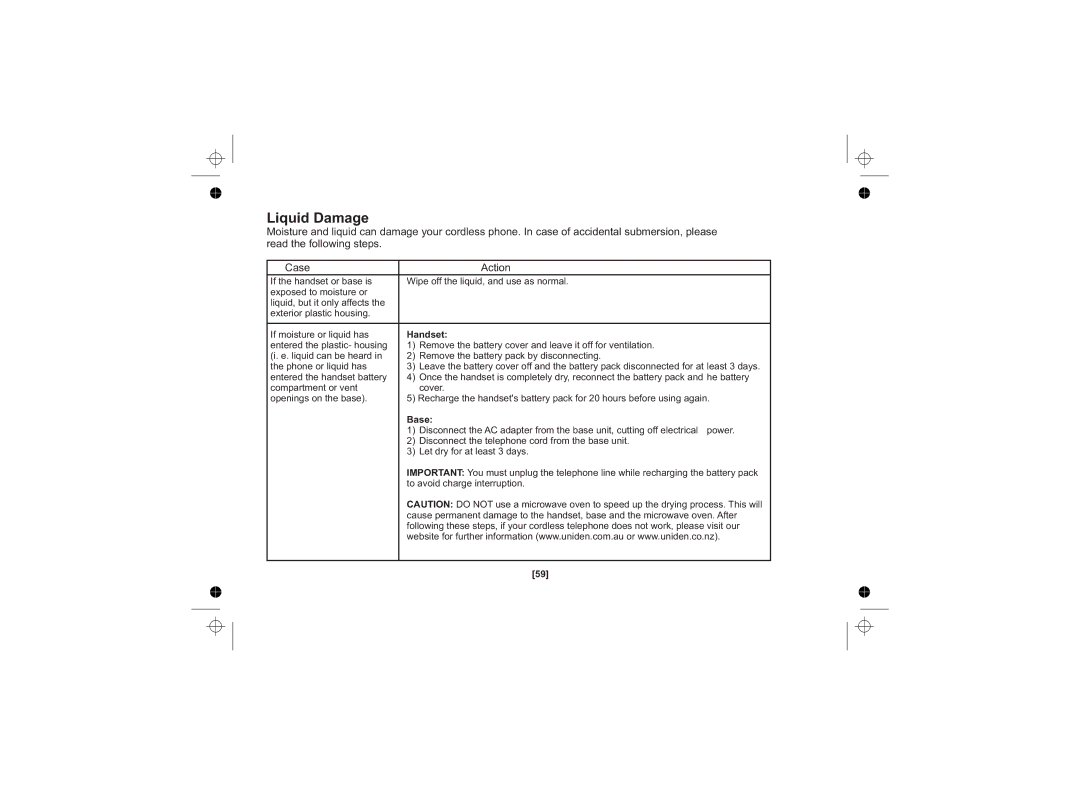 Uniden DSS7815 Series, DSS7815, DSS7815 +1 Series owner manual Liquid Damage, Handset 