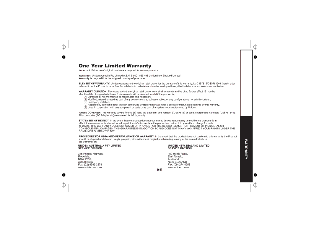 Uniden DSS7815, DSS7815 +1 Series One Year Limited Warranty, Warranty is only valid in the original country of purchase 