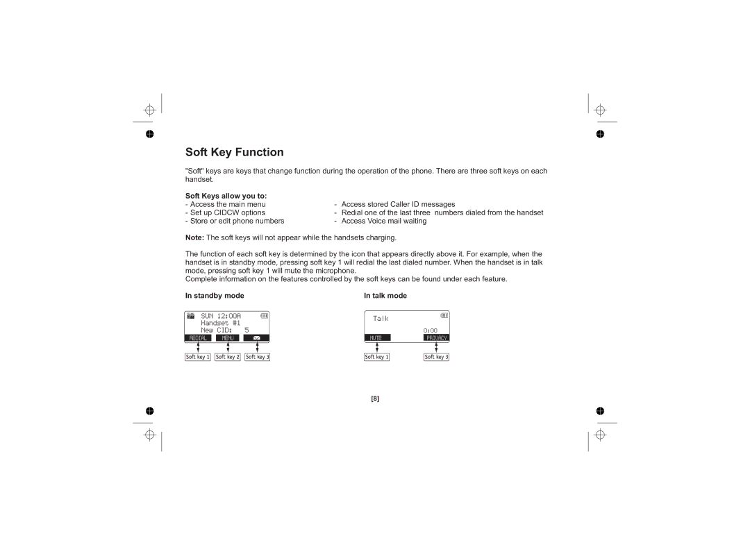 Uniden DSS7815, DSS7815 +1 Series, DSS7815 Series Soft Key Function, Soft Keys allow you to, Standby mode, Talk mode 