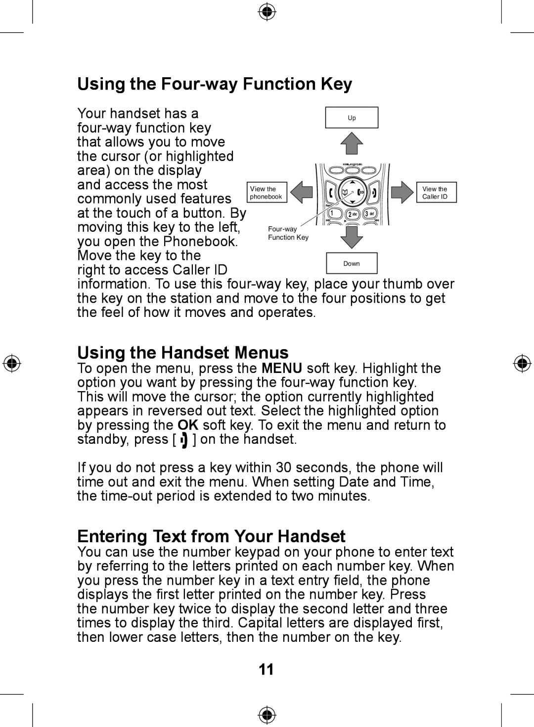 Uniden DSS7905 owner manual Using the Four-way Function Key, Using the Handset Menus, Entering Text from Your Handset 