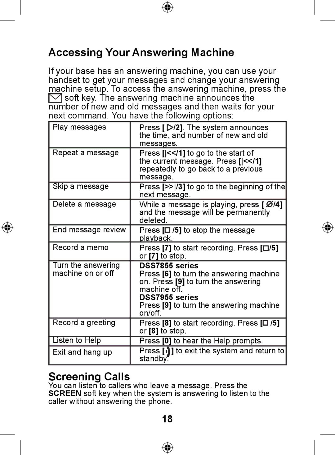 Uniden DSS7905 owner manual Accessing Your Answering Machine, Screening Calls, DSS7855 series, DSS7955 series 