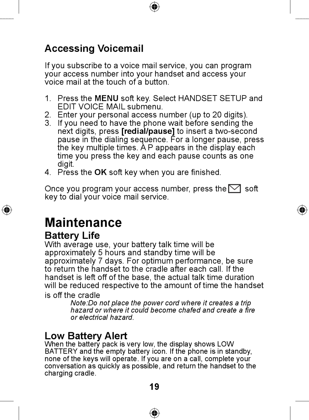 Uniden DSS7905 owner manual Maintenance, Accessing Voicemail, Battery Life, Low Battery Alert 