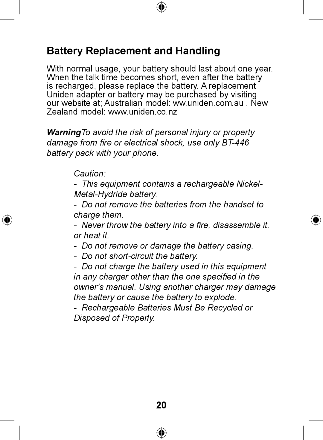 Uniden DSS7905 owner manual Battery Replacement and Handling 