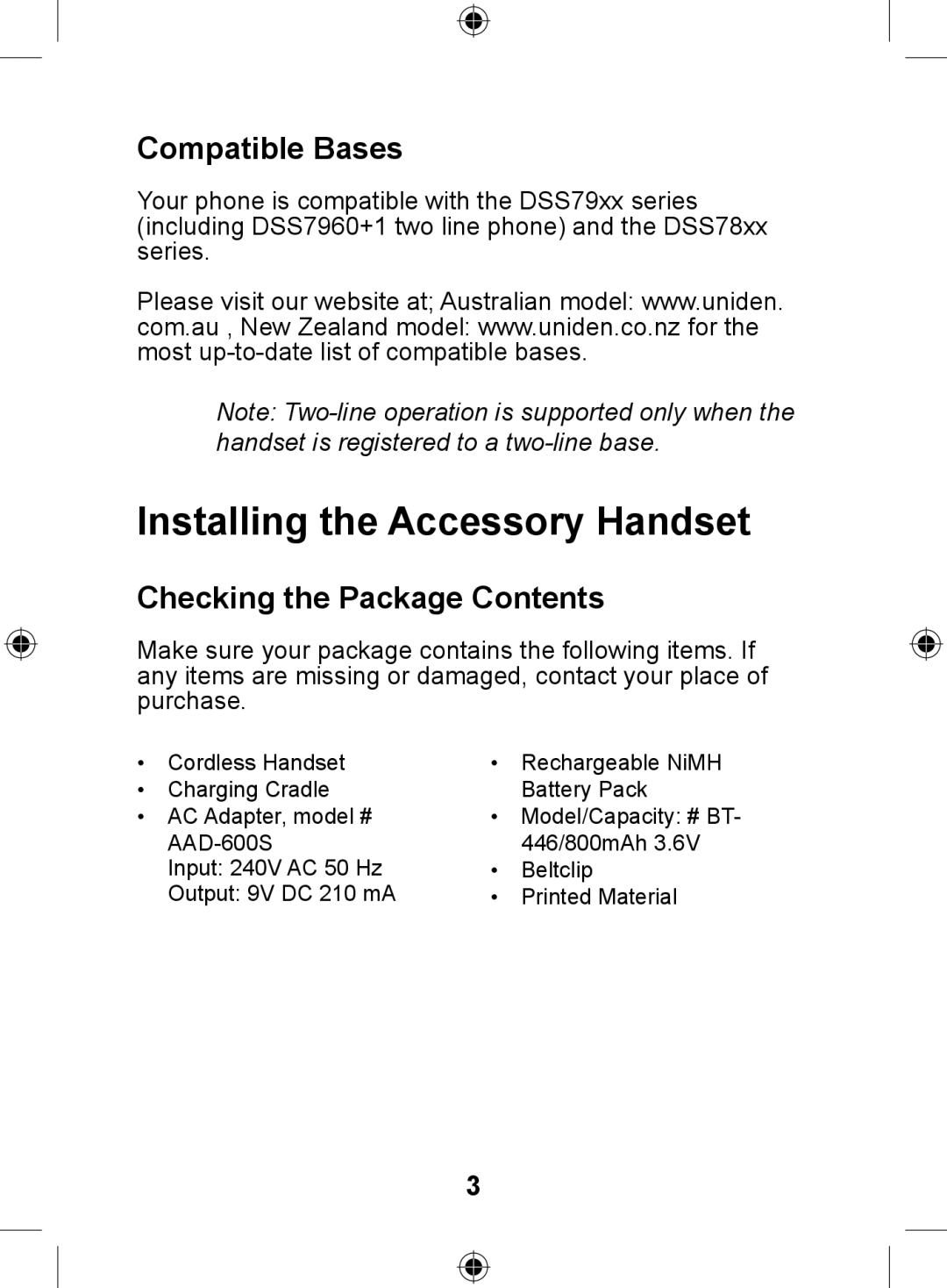 Uniden DSS7905 owner manual Installing the Accessory Handset, Compatible Bases, Checking the Package Contents 