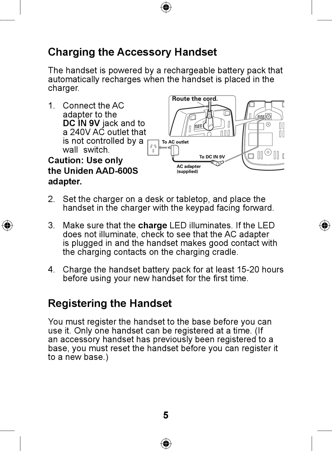 Uniden DSS7905 owner manual Charging the Accessory Handset, Registering the Handset 