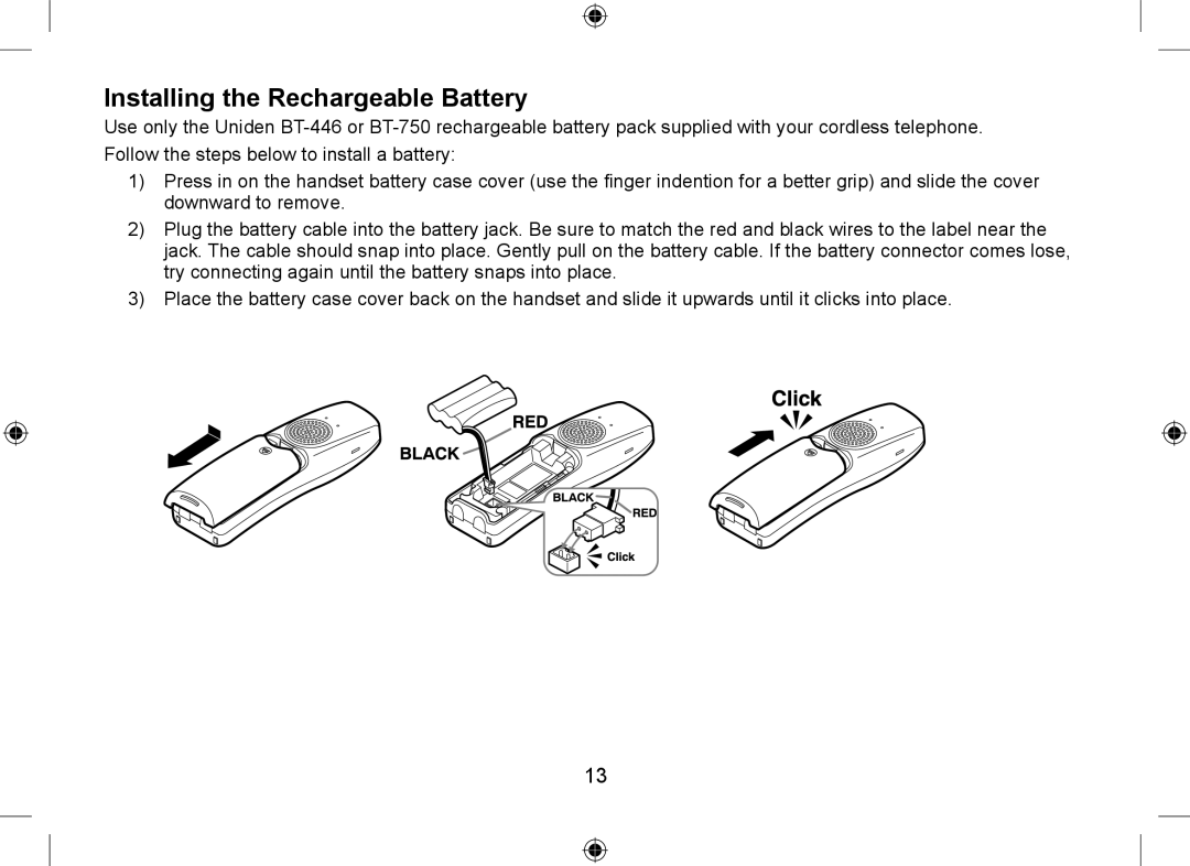 Uniden DSS7915+1 owner manual Installing the Rechargeable Battery 