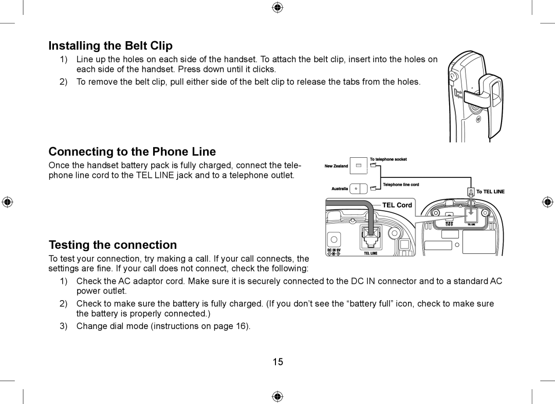 Uniden DSS7915+1 owner manual Installing the Belt Clip, Connecting to the Phone Line, Testing the connection 