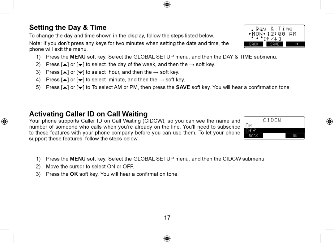 Uniden DSS7915+1 owner manual Setting the Day & Time, Activating Caller ID on Call Waiting 