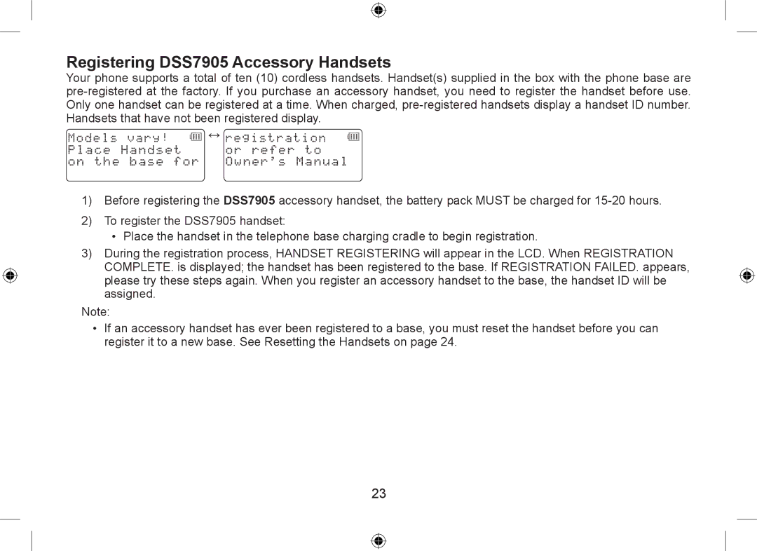 Uniden DSS7915+1 owner manual Registering DSS7905 Accessory Handsets 