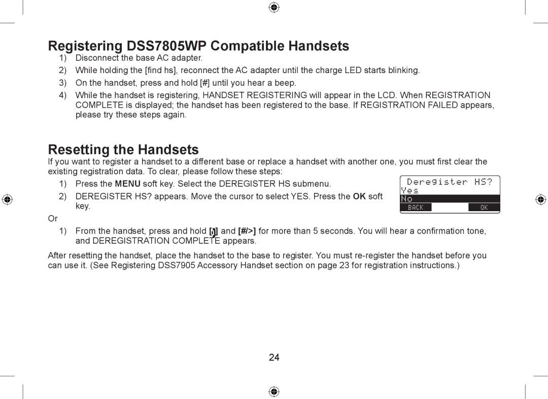 Uniden DSS7915+1 owner manual Registering DSS7805WP Compatible Handsets, Resetting the Handsets 