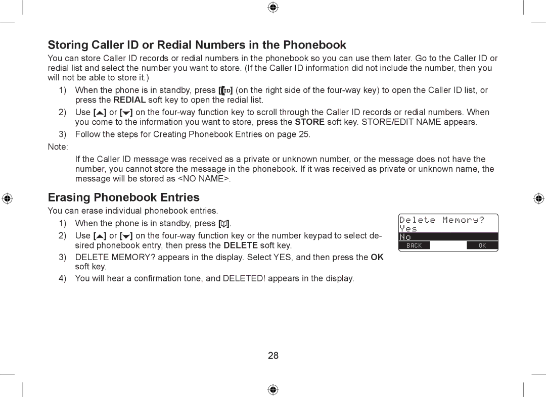 Uniden DSS7915+1 owner manual Storing Caller ID or Redial Numbers in the Phonebook, Erasing Phonebook Entries 