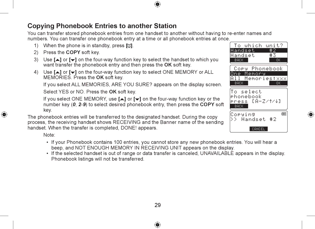 Uniden DSS7915+1 Copying Phonebook Entries to another Station, Handset. When the transfer is completed, DONE! appears 