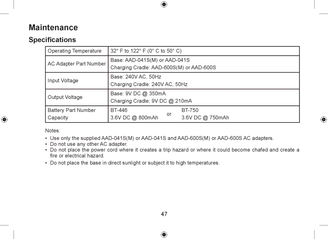 Uniden DSS7915+1 owner manual Maintenance, Specifications 