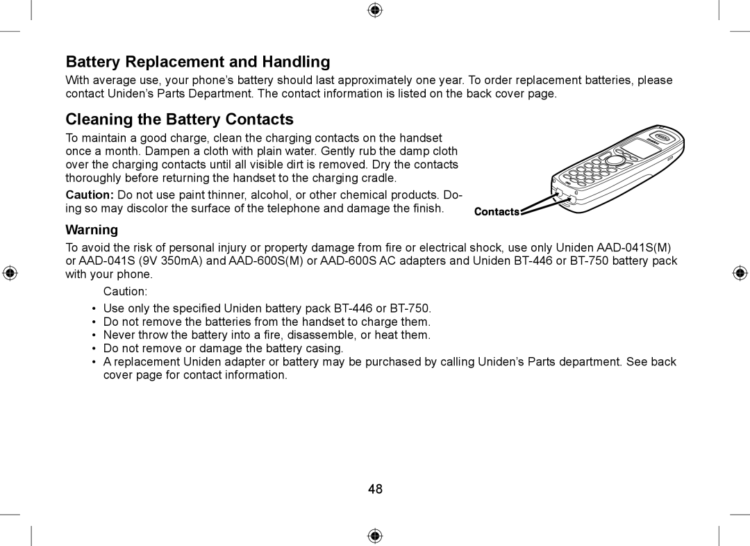 Uniden DSS7915+1 owner manual Battery Replacement and Handling, Cleaning the Battery Contacts 