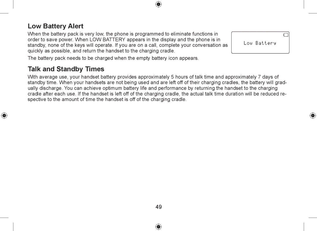 Uniden DSS7915+1 owner manual Low Battery Alert, Talk and Standby Times 