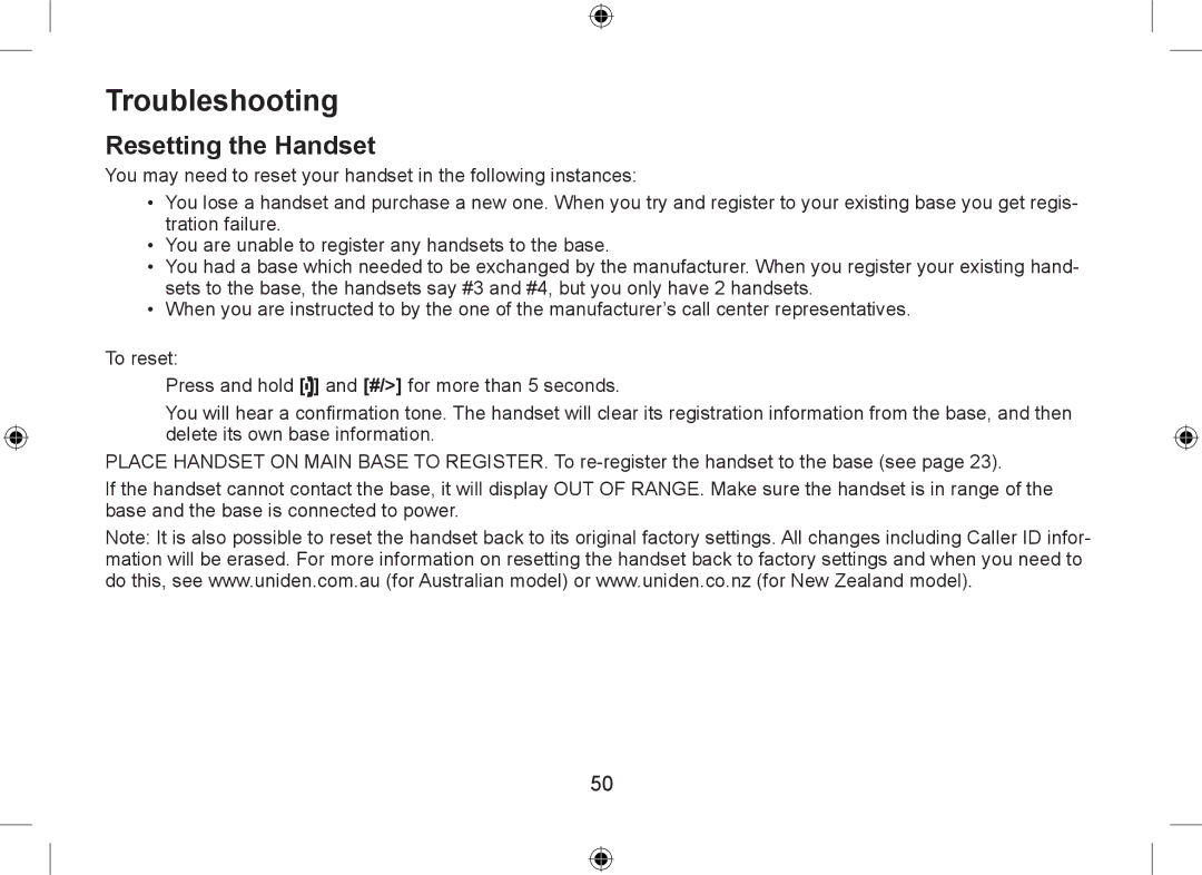 Uniden DSS7915+1 owner manual Troubleshooting, Resetting the Handset 