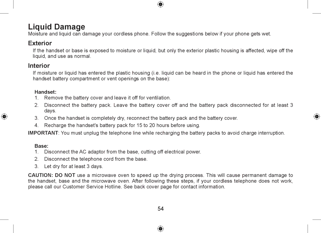 Uniden DSS7915+1 owner manual Liquid Damage, Handset, Base 