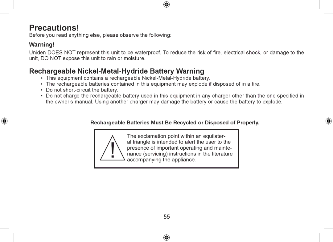 Uniden DSS7915+1 owner manual Precautions, Rechargeable Nickel-Metal-Hydride Battery Warning 