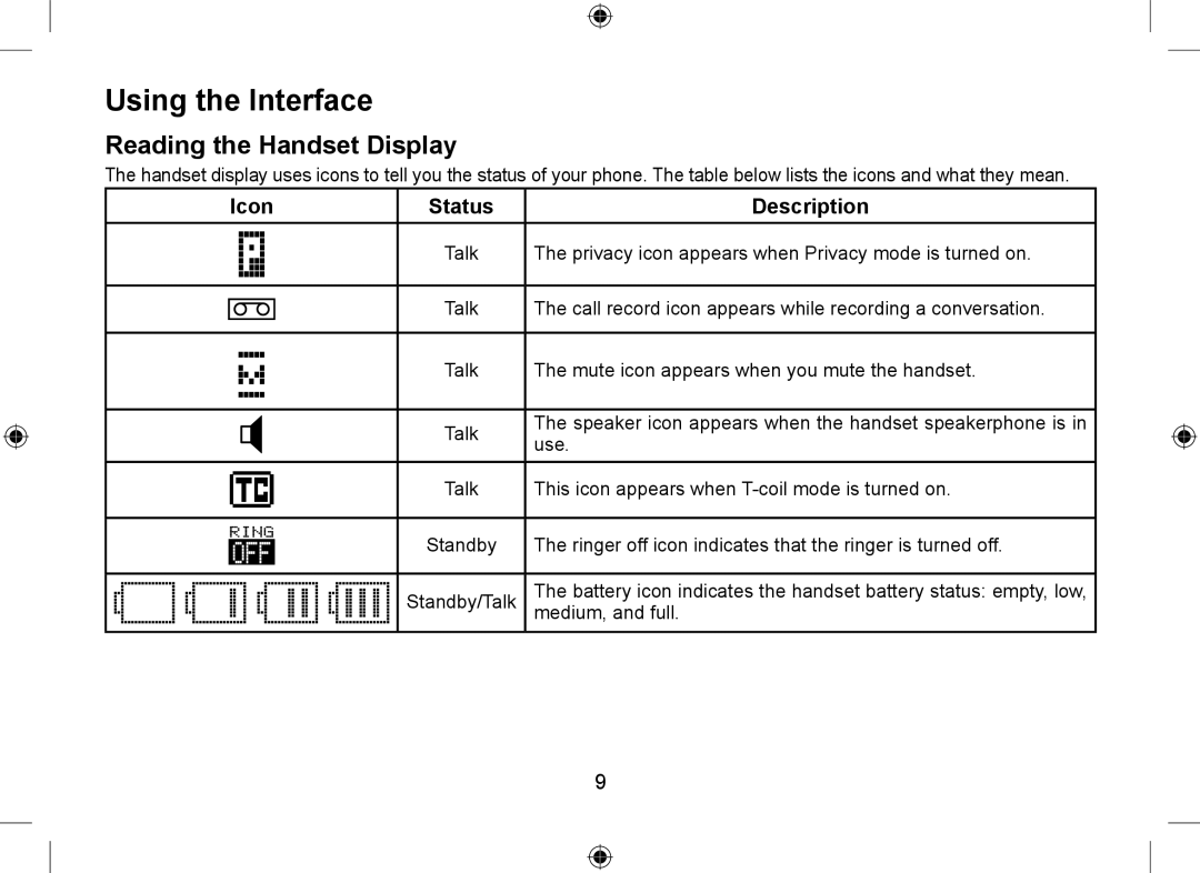 Uniden DSS7955+1, DSS7955+2 owner manual Using the Interface, Reading the Handset Display, Icon Status Description 