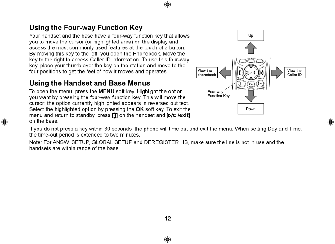 Uniden DSS7955+1, DSS7955+2 owner manual Using the Four-way Function Key, Using the Handset and Base Menus 