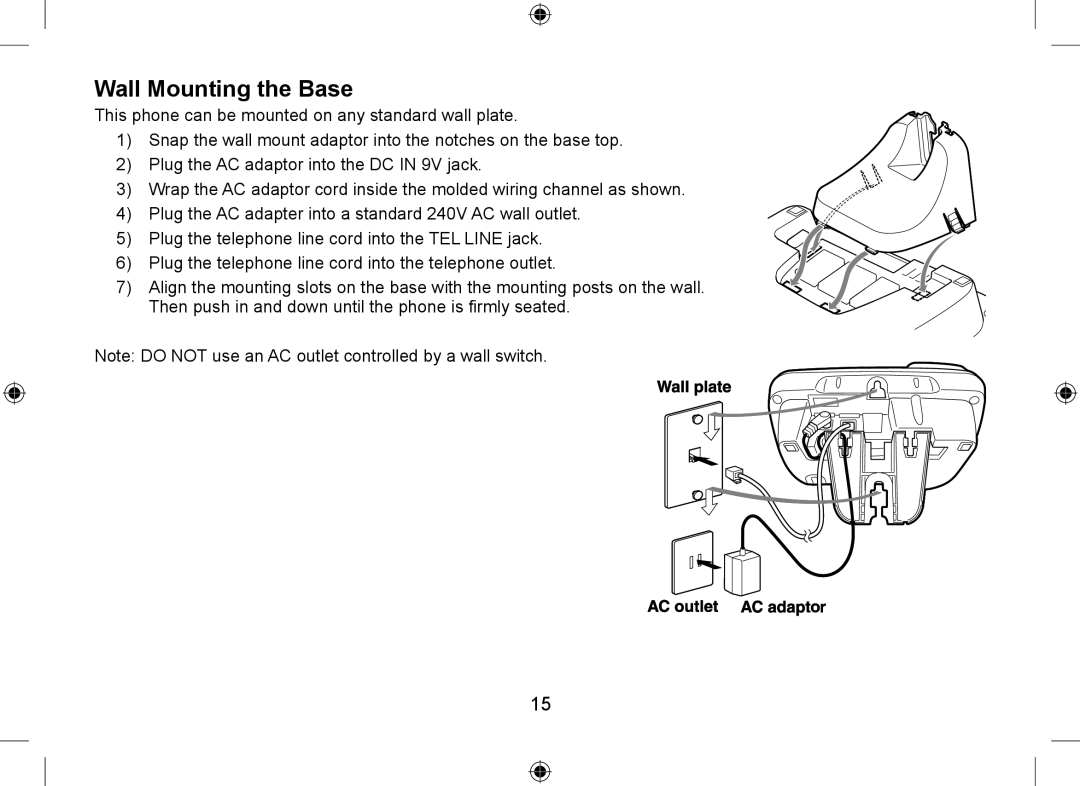 Uniden DSS7955+1, DSS7955+2 owner manual Wall Mounting the Base 