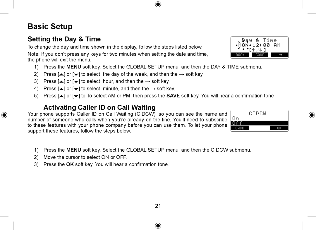 Uniden DSS7955+1, DSS7955+2 owner manual Basic Setup, Setting the Day & Time, Activating Caller ID on Call Waiting 