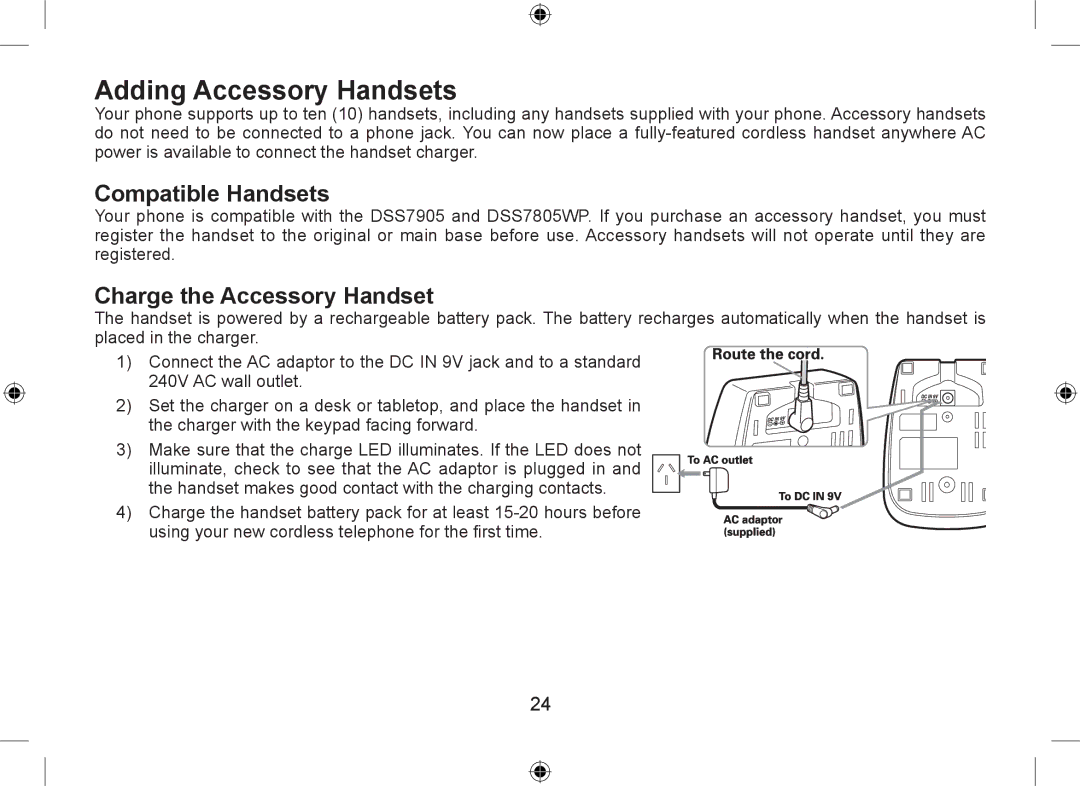 Uniden DSS7955+1, DSS7955+2 owner manual Adding Accessory Handsets, Compatible Handsets, Charge the Accessory Handset 