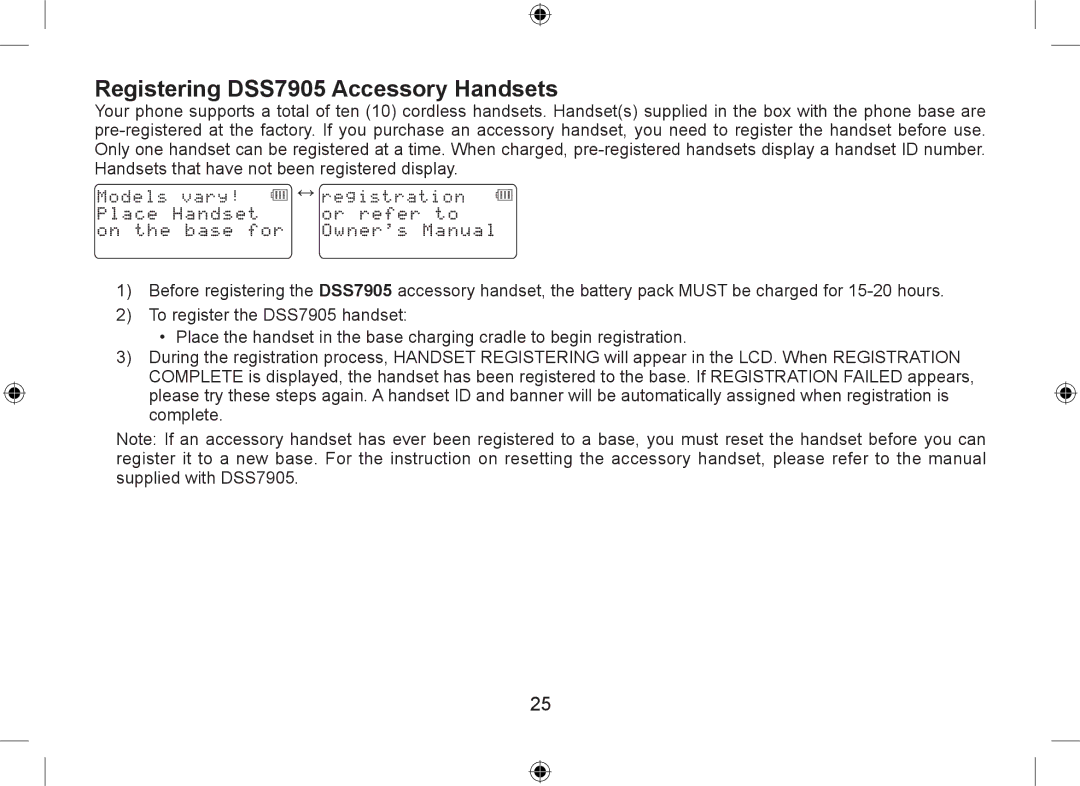 Uniden DSS7955+2, DSS7955+1 owner manual Registering DSS7905 Accessory Handsets 