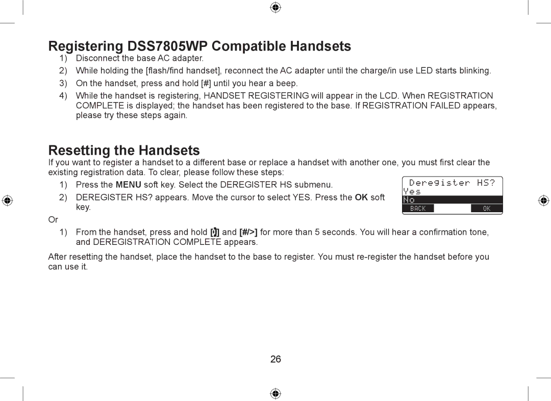 Uniden DSS7955+1, DSS7955+2 owner manual Registering DSS7805WP Compatible Handsets, Resetting the Handsets 