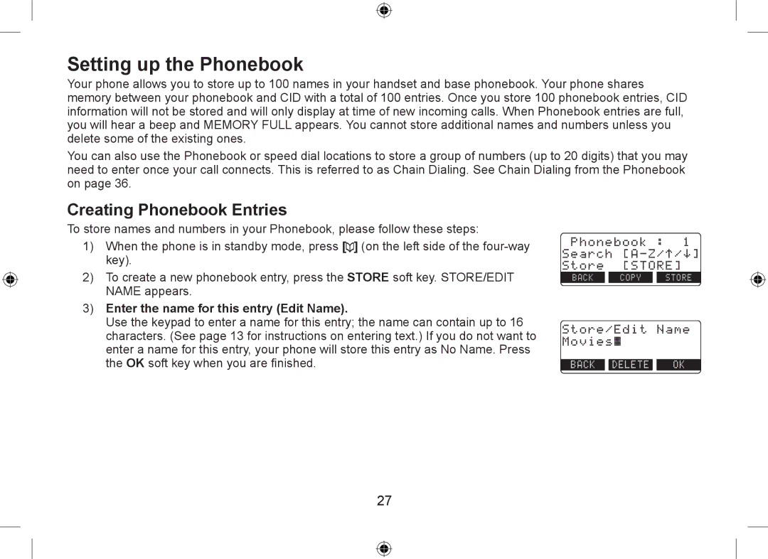 Uniden DSS7955+1, DSS7955+2 Setting up the Phonebook, Creating Phonebook Entries, Enter the name for this entry Edit Name 