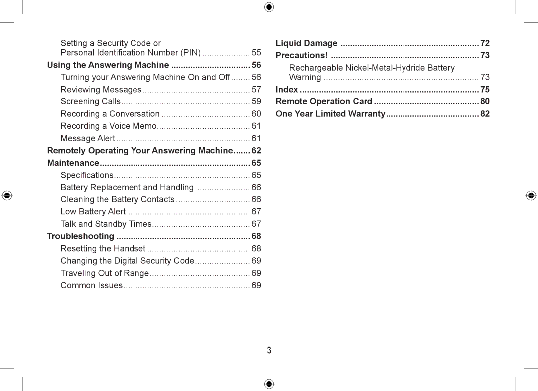 Uniden DSS7955+1 Liquid Damage, Precautions Using the Answering Machine, Index, Remote Operation Card, Troubleshooting 