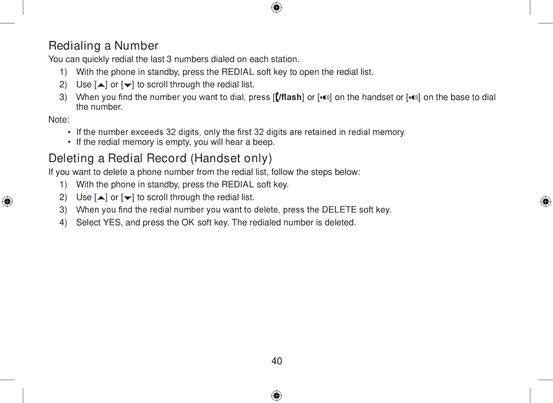 Uniden DSS7955+2, DSS7955+1 owner manual Redialing a Number, Deleting a Redial Record Handset only 