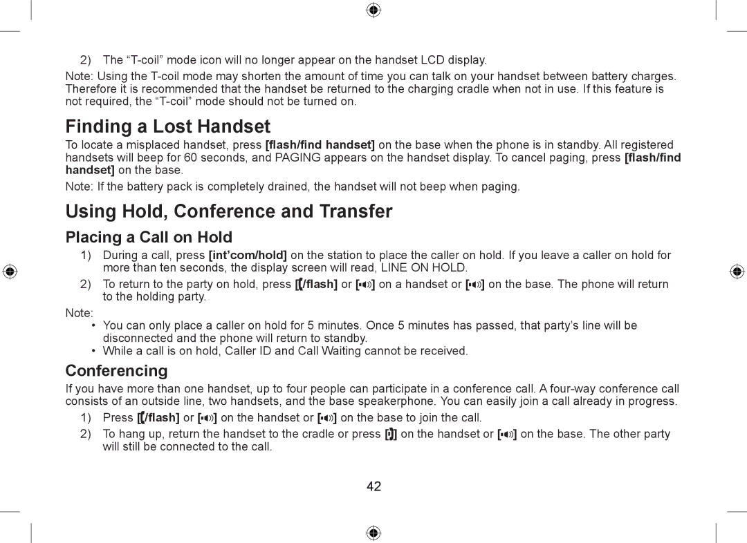 Uniden DSS7955+1 Finding a Lost Handset, Using Hold, Conference and Transfer, Placing a Call on Hold, Conferencing 