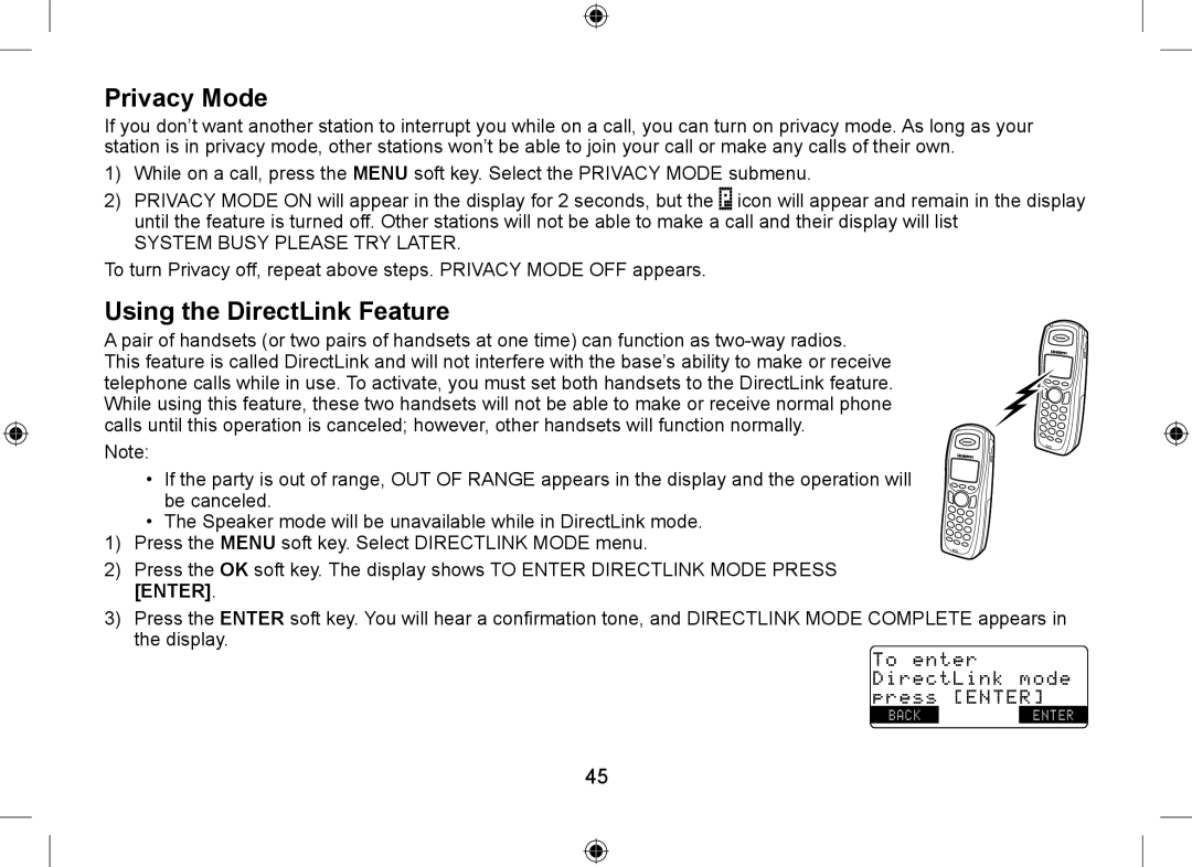 Uniden DSS7955+1, DSS7955+2 owner manual Privacy Mode, Using the DirectLink Feature 