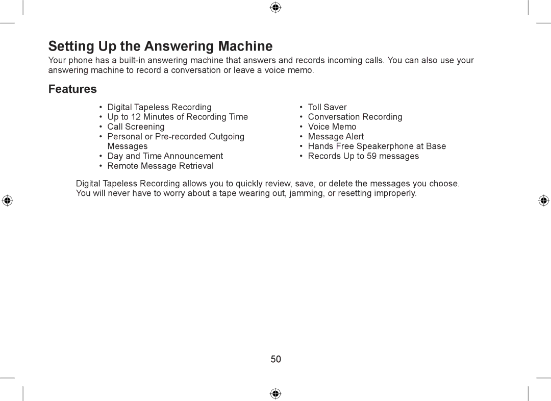 Uniden DSS7955+1, DSS7955+2 owner manual Setting Up the Answering Machine, Features 