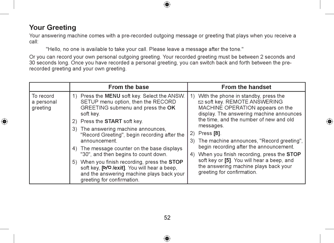 Uniden DSS7955+2, DSS7955+1 owner manual Your Greeting, From the base From the handset 