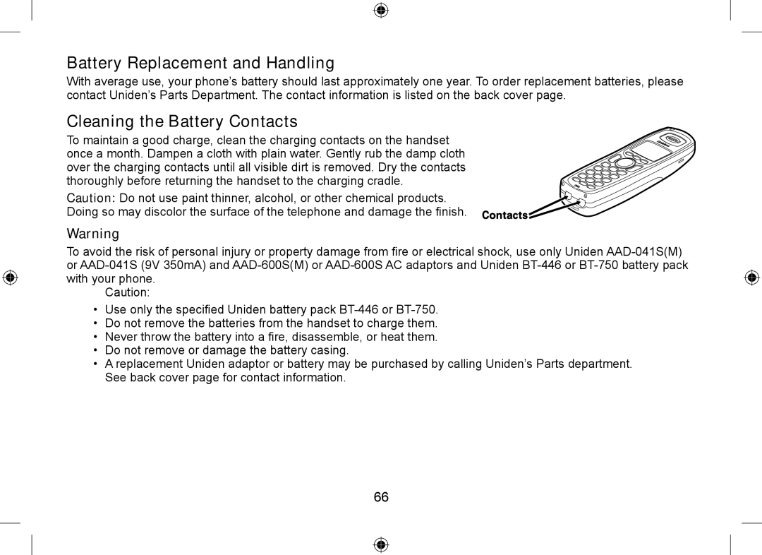 Uniden DSS7955+1, DSS7955+2 owner manual Battery Replacement and Handling, Cleaning the Battery Contacts 