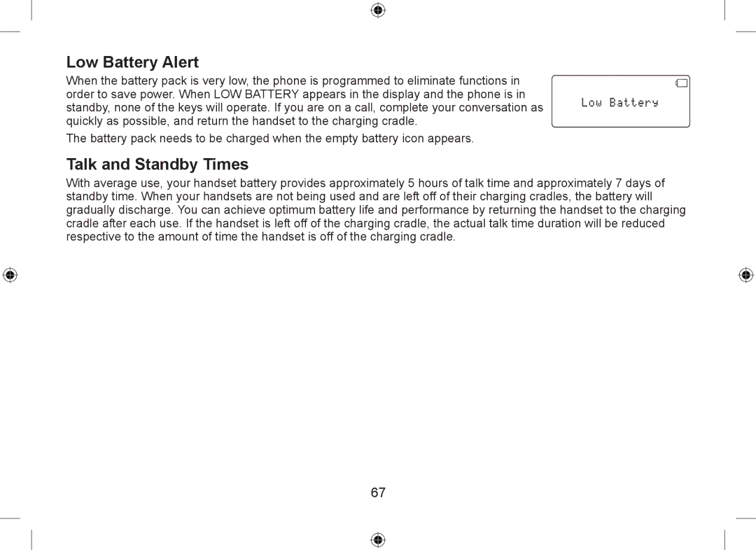 Uniden DSS7955+2, DSS7955+1 owner manual Low Battery Alert, Talk and Standby Times 