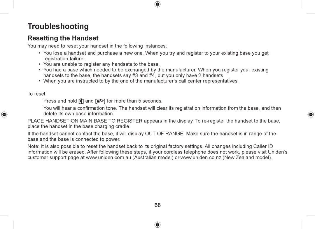 Uniden DSS7955+1, DSS7955+2 owner manual Troubleshooting, Resetting the Handset 