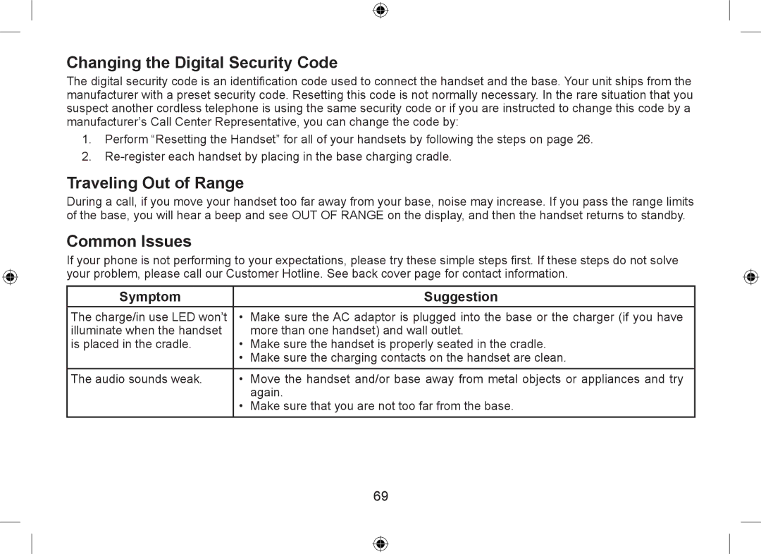 Uniden DSS7955+1, DSS7955+2 Changing the Digital Security Code, Traveling Out of Range, Common Issues, Symptom Suggestion 