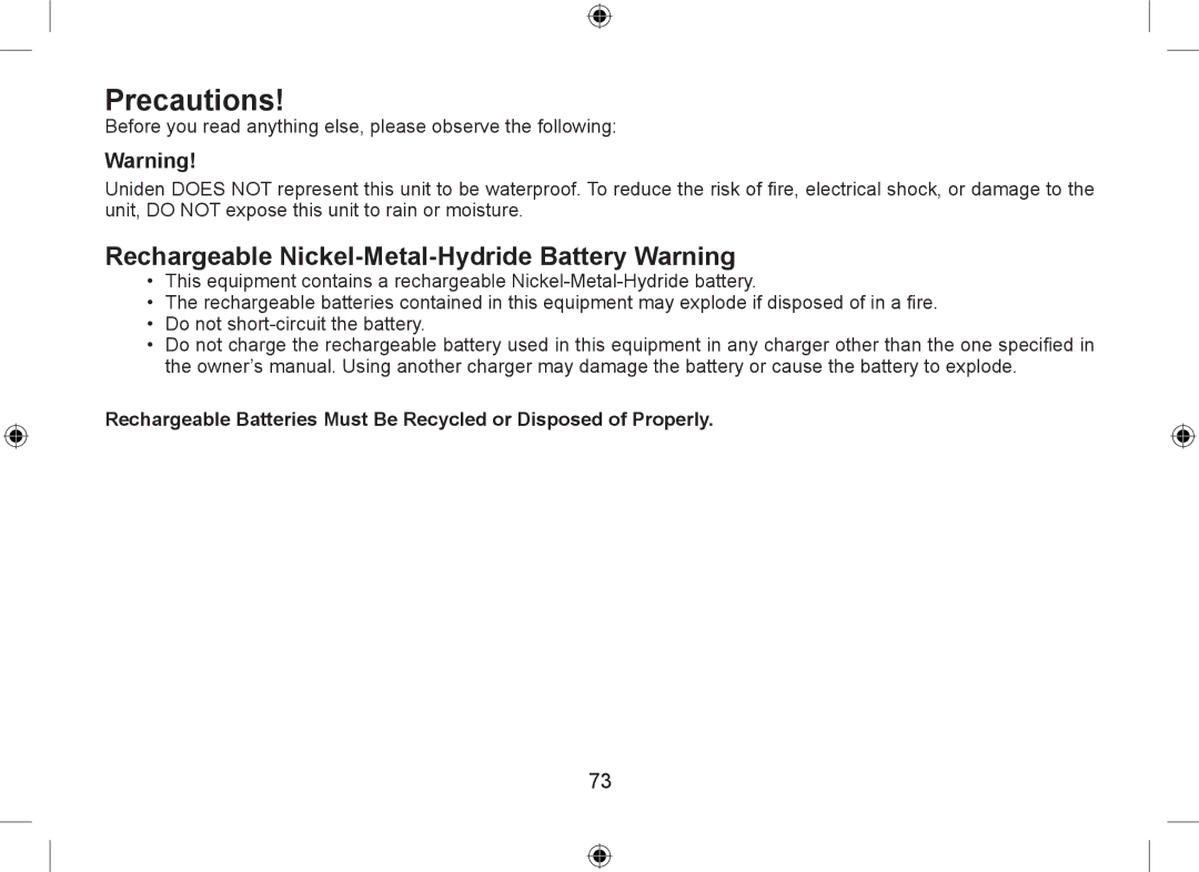 Uniden DSS7955+2, DSS7955+1 owner manual Precautions, Rechargeable Nickel-Metal-Hydride Battery Warning 